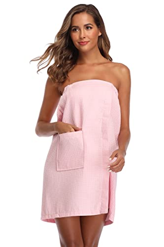 Image of Women's Bath Towel Wrap Waffle Spa Body Wrap with Adjustable Closure Quick Dry Lightweight Towel Robes with Pocket, Pink S /M