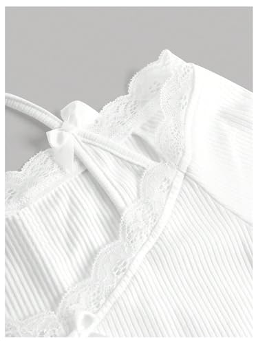 Image of WDIRARA Girls Lace Trim Bow Front Crop Tops Halter Round Neck Short Sleeve Ruched Tee Shirts White 15Y