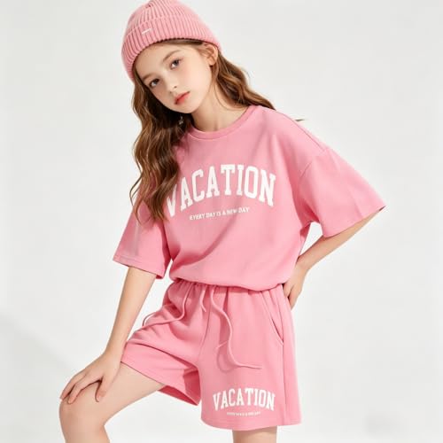 Image of Size 6-12 Years Girl's Tracksuit Sets 2 Piece Outfits Letter Print Vacation Tee Top and Drawstring Waist Shorts
