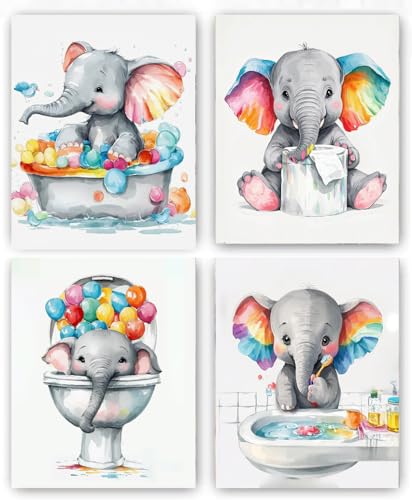 Image of TANXM Kids Bathroom Art Set, Funny Elephant Calf Bathroom Toilet Wall Decor, Baby Elephant Bathroom Rules Art Print for Nursery Kids, Wash Brush Flush Bath Sign Poste,Set of 4 (8 inchX10 inch, Unframed