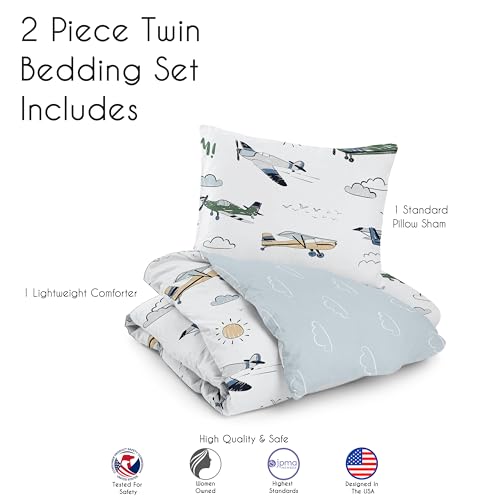 Image of Sweet Jojo Designs 2-Piece Twin Comforter Set (Green Vintage Airplane) for Boys, Children, Kids Bedding, Bed in a Bag incl. Blanket & Pillow Sham (Airplanes, Transportation, Clouds, Sun, Sky, Blue)