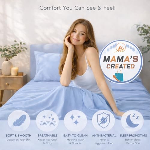 Image of Queen Size Bed Sheet - 600 Thread Count Single Flat Sheet Only - Long Staple Egyptian Cotton Top Sheet Wrinkle & Fade Resistant - Sky Blue