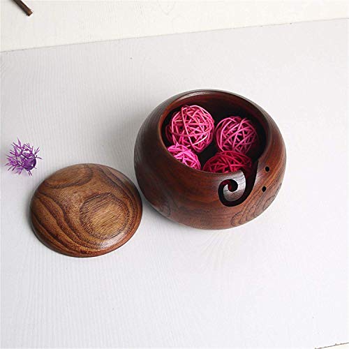 Image of Joyeee 1 Pcs Wooden Yarn Bowl with Lid, Crafted Wooden Weaving Thread Bow with Carved Holes, Premium Knitting Storage Accessories & Supplies, Handcrafted Round Yarn Ball Bowl Brown Box, 16 CM #02