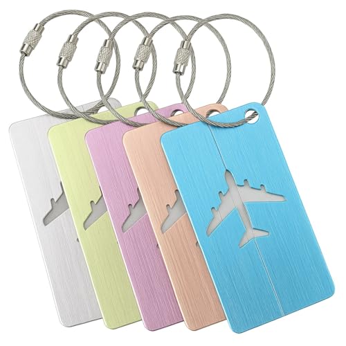 Etiquetas de bagagem metálicas multicoloridas (embalagem de 5), identificador de malas de viagem com avião perfurado, alumínio resistente com cabo de aço, cartões de viagem para malas, mochilas e mala