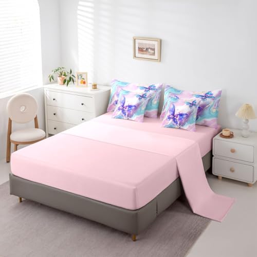 Image of Floral Marble Butterfly 7 Pcs Bedding Set King,Purple Blue Tie Dye Bed in a Bag,Elegant Marble Texture Bed Set Includes Comforter,Sheet Set,Pillowcases & Pillow Covers,Modern Aesthetic Bedroom Decor