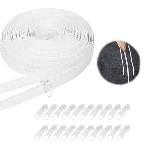 20m Reißverschluss, Endlosreißverschluss mit Zipper, Endlosreißverschluss, Endlosband Meterware, Reisverschluss Endloses, Reißverschluss für Bettwäsche Kleidung (Weiß)