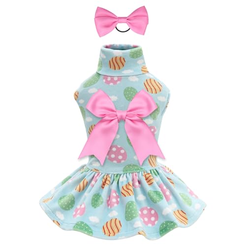 CuteBone Turtleneck Dog Velvet Dress Easter Eggs Puppy Skirt Costume Pet Clothes Cat Apparel with Bow Hair Rope for Small Dogs CVD21XS