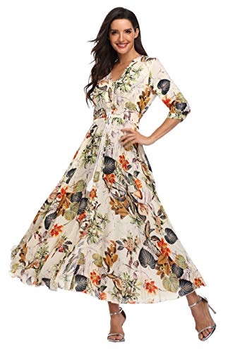 Summer Floral Print Maxi Dress Women Button Up Split Long Flowy Bohemian Beach Party Dresses4