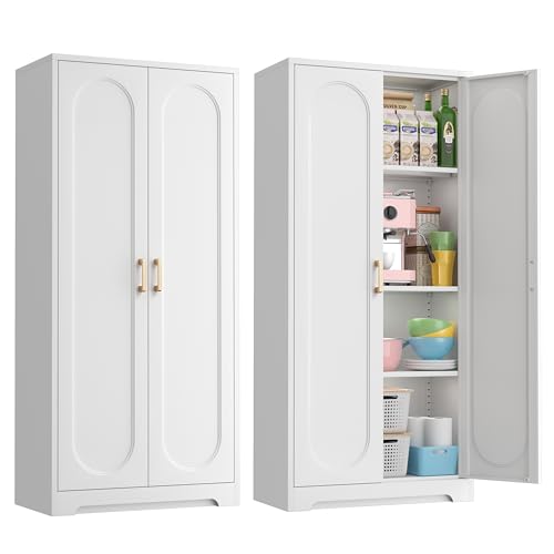 Kubohogar White Pantry Cabinet with Doors, 60' Tall Metal Pantry Cabinet with 3 Adjustable Shelves...