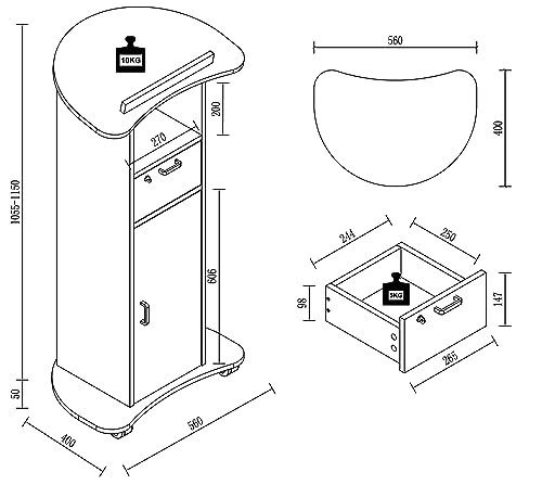 VCM Holz mobiles Rednerpult | Maße ca. H. 110 bis 120 cm x B. 56 cm x T. 37 cm | rollbar mit Schublade | Stehpult | Stehtisch mit Tür - Redola