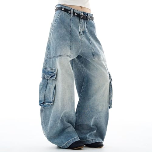 High Waisted Baggy Flare Wide Leg Oversized Cargo Jeans for Women Men Trendy Retro Washed Multi-Pocket Trousers4