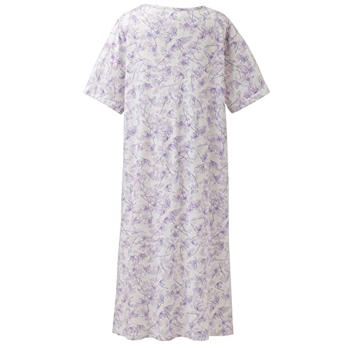 Keyocean Nightgowns For Ladies, Soft 100% Cotton Comfortable Lightweight Women Short Sleeves Nightgown, Cream With Purple Floral, Large #TOP1