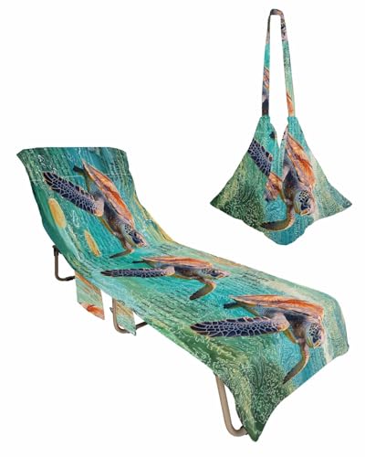Sea Turtle Beach Lounge Chair Towel Cover, Soft Chaise Lounge Towel with Side Pockets Patio Pool Chairs Cover for Beach/Pool Sunbathing 29x85 Coastal Nautical Ocean Summer Beach