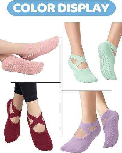 Image of AURUZA Pilates Grip Socks for Women Non Slip Skid Yoga Socks with Grips Straps for Ballet Dance Workout Gripper Sock