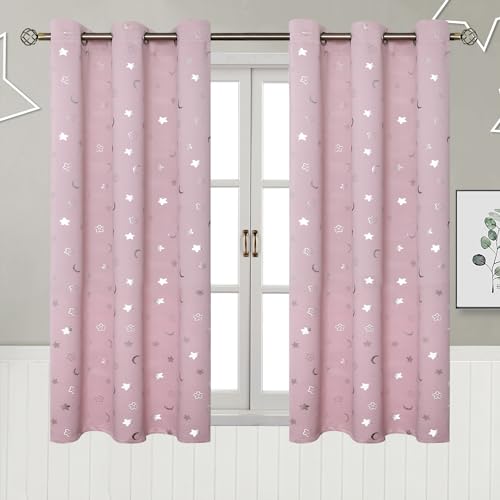 Image of BGment Pink Curtains for Girls Bedroom, Short Star and Moon Blackout Curtains for Nursery, Thermal Insulated Room Darkening Kids Window Curtains with Grommet, 42 W x 54 L, 2 Panels, Light Pink