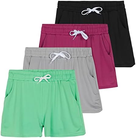 4 Pack: Girls Athletic Performance Dry-Fit Running Shorts with Drawstring & Pockets