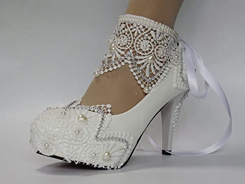 Women's Lace Bridal Round Toe High heel Shoes Ribbon Dress Party pumps with Rhinestone Shoes2
