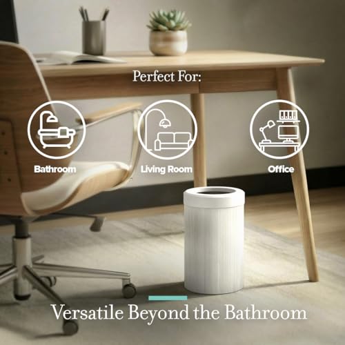 Image of Gatco Small Bathroom Trash Can with Lid, Round 3 Gallon Wastebasket, Under Sink, White Oak with Matte White, for Bathroom, Bedroom, Office (1932W)