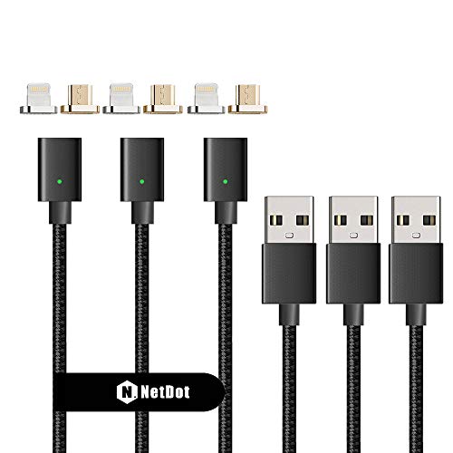 NetDot 3rd Generation USB2.0 Magnetic Charging Cable Adapter with 1 iOS Connector and 1 Micro-USB Connector Compatible with Both Android Smartphone and iPhone - 3.3 Feet / 3 Pack Black