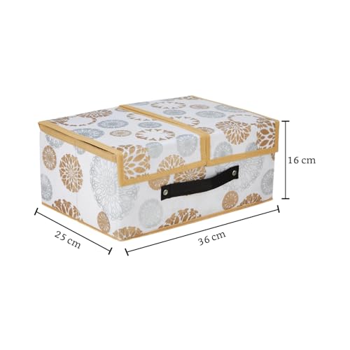Image of Amazon Brand - Solimo Double Lid Foldable Storage Box | Toys Storage Bin | Wardrobe organizer for Clothes | Front Handle | Stackable Rack | 36 x 25 x 16 cm (Gola Print, White)