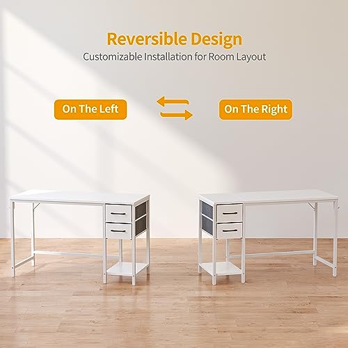 CubiCubi Schreibtisch mit 2 Schubladen und Kopfhörerhaken, 120×50×75cm Kleiner Computertisch, Bürotisch, für Arbeitszimmer, Schlafzimmer, Metallgestell, Weiß