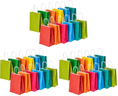 Image of RACETOP 96 Pack Small Paper Gift Bags with Handles, 5.8 inchx3.2 inchx8.25 inch Kraft Paper Party Favor Bags Bulk for Kids Birthday, Baby Shower, Crafts, Wedding, Party Supplies (8 Colors)