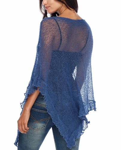 Image of SHU-SHI Women's Sheer Knit Poncho Shrug Lightweight Asymmetrical Ruffle Wrap Dressy Summer Shawl Cover Up Top