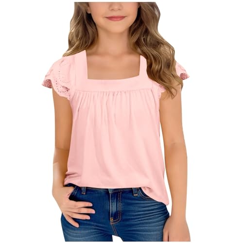 Tween Girls Dressy Casual Square Neck Short Sleeve Kids Teen Girls Fashion Ruffle Sleeve Summer Tops Pleated Clothing