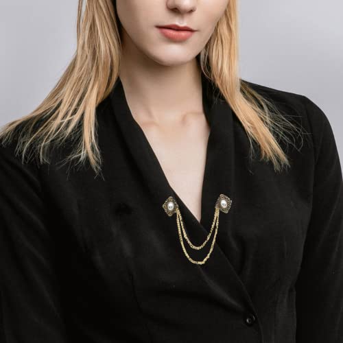 Image of Antique Collar Clips Brooches Lapel Pins for Women Girls Unisex Vintage Elegant Enameled Flower Imitation Pearl Blue Rhinestone Layered Tassel Chain Drop Dangling Necktie Tie Shawl Scarf Dress Accessories Jewelry Christmas Birthday