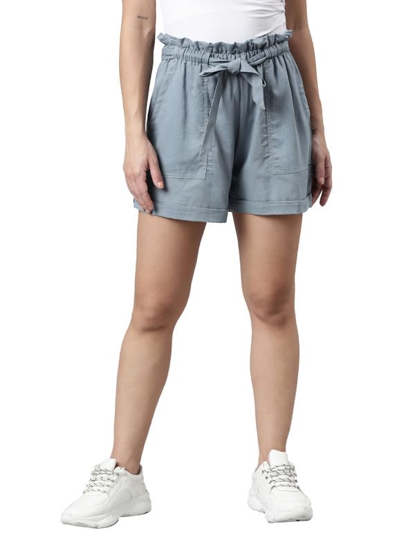Image of GO COLORS Women Solid High Rise Relaxed Fit Linen Shorts