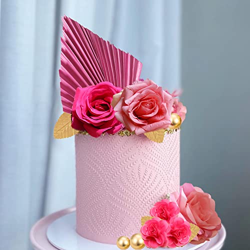 Natural Boho Cake Topper Artificial Hot Pink Flower Hot Pink Palm Leaves Golden Balls Cake Decorations For Wedding Baby Shower (Pink) #TOP2