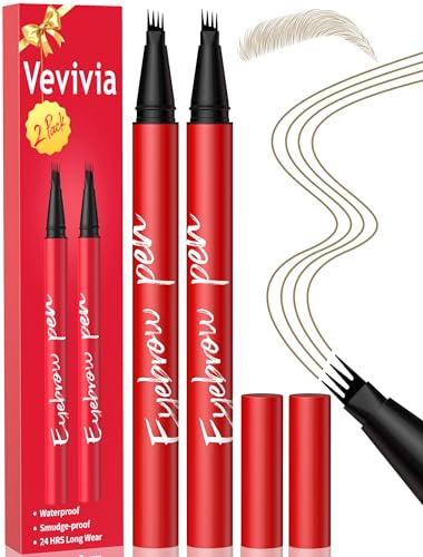 Vevivia Beauty Eyebrow Pencils for Women - Eyebrow Pen 2 Pack, Precise 4-Tip Brow Pencil for Natural-Looking Fuller Brows, Hair-Like Strokes for All Brow Types, Last All-Day Brow Pen, Light Brown