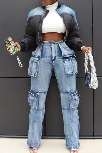 Vakkest Denim Cargo Jeans for Women High Waisted Loose Baggy Straight Wide Leg Stretch Pants Y2K Streetwear with Flap Pockets2