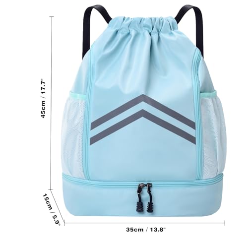 Gbateri Drawstring Backpack - Water Resistant Gym Drawstring Bags with Shoes Compartment and Water Bottle Holder Pockets - String Cinch Bag - Draw String Back Pack for Men and Women (Light Blue) by Gbateri - Used condition - Image 2