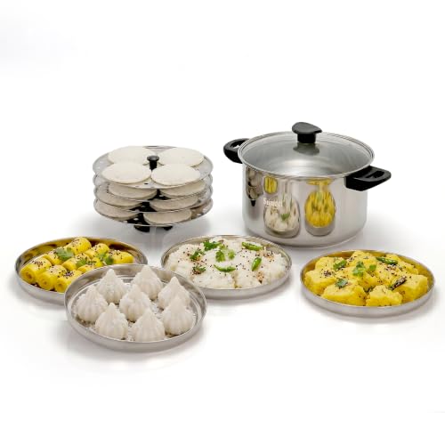 Image of Sumeet ISI Certified Stainless Steel Steamer Pot with Glass Lid, 4 LTR | Induction & Gas Compatible Multipurpose Pot, Includes 4 Idli Plates, 2 Dhokla /Patra, 2 Momo /Modak, Heavy Bottom, Stackable
