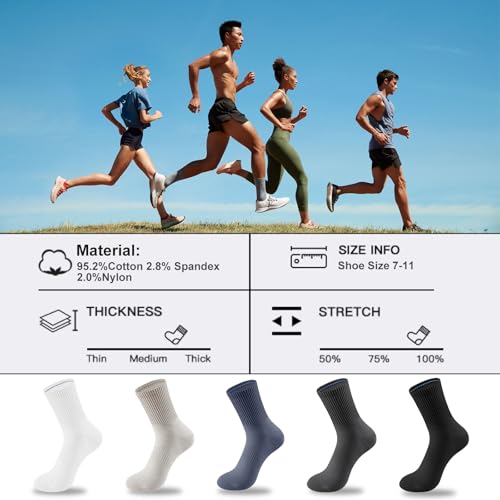 5 Pairs Cotton Men's Crew Socks,Seamless Toe Design,Durable, Soft, Breathable, High Stretch, Size 7-114