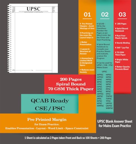 Image of amblitz UPSC Mains Answer Sheet | 200 Pages | Pack of 2 Notebooks | Blank with Pre-Printed Margin for Practice | Spiral Notebook | A4 Size | 70 GSM Thick Paper |
