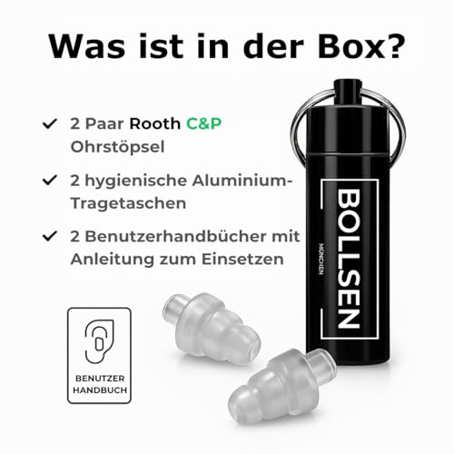 Rooth C&P Ohrstöpsel zum Schlafen – Anti-Schnarch-Silikon-Ohrstöpsel – 25 dB Lärmminderung – Bequemer Tag & Nacht – Einfaches Einsetzen & Entfernen – 100X wiederverwendbar- BOLLSEN Gehörschutz