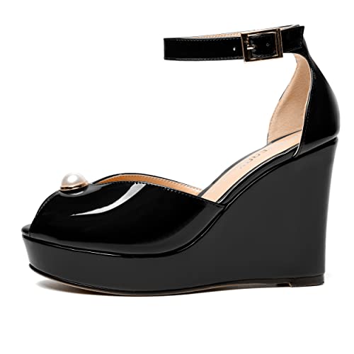 SKYSTERRY Womens Sexy Wedding Buckle Peep Toe Platform Patent Ankle Strap Wedge High Heel Pumps Shoes 4 Inch2