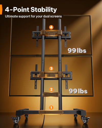 Image of Perlegear Rolling TV Stand for 32-70 Inch Dual Screens, Holds up to 99 lbs Each, Mobile TV Stand with Power Outlet and Lockable Wheels, Tilt & Height Adjustable TV Cart, Max VESA 600x400mm, PGTVC31B