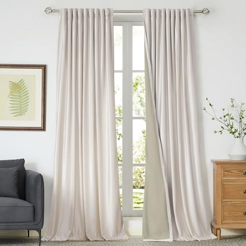 Image of Off White Curtains 102 inch Long for Living Room, Set of 2 Panels Liner Rod Pocket Back Tab Thermal Window Drapes Room Darkening Heavy Decorative Curtains for Bedroom