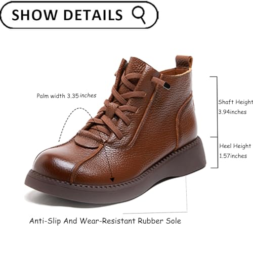 Women's Vintage Leather Lace Up Flat Ankle Booties with Side Zipper,Fashionable Round Toe Non-slip Wear-Resistant Combat Boots Casual Soft Sole Ankle Boots.4