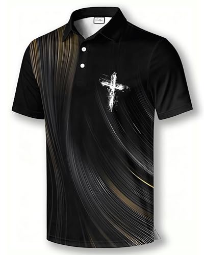 Polo deportivo cristiano para golf, camiseta negra de rendimiento con diseño de cruz dorada, manga corta miniatura 1