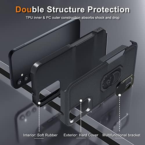RMOCR for Samsung Galaxy A14 5G Case, Rotatable Magnetic Kickstand Ring Holder, Military Protective Phone Cover with Tempered Glass Screen Protector and Camera Lens Cover, Black Matte