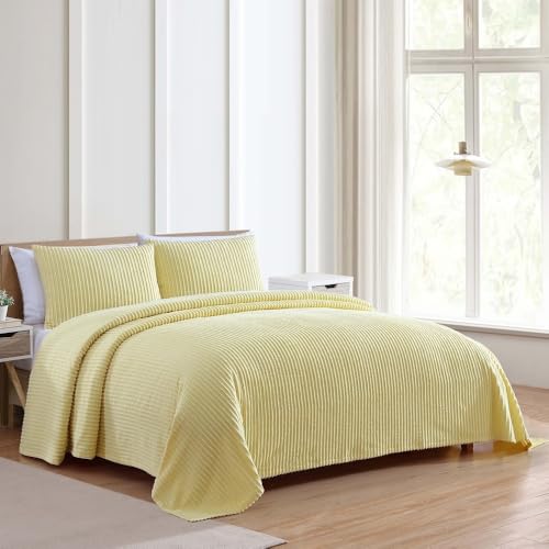 1 Piece Lightweight 100% Cotton Tufted Chenille Bedspread Queen Size Textured Channel Stripe Design | All Seasons Lemon Yellow Color Shabby Chic Bedding Western Aesthetic Look Soft Plush Cozy