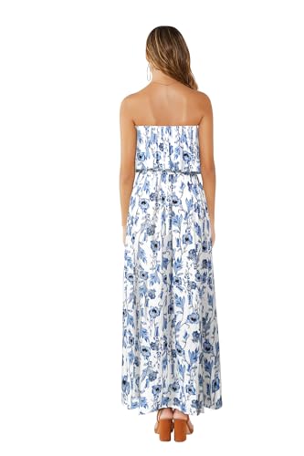 Image of ZMPSIISA Women's Summer Off The Shoulder Maxi Dress Ruffle Strapless Blue White Porcelain Boho Casual Loose Long Dresses