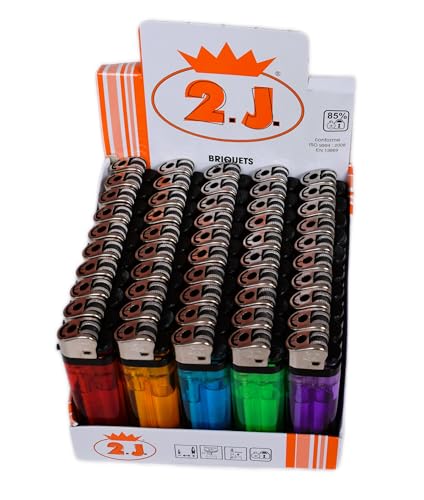 2J Lot De 50 Briquets Jetables Rechargeables A Roulette Translucide Briquet Slim Gaz a Pierre,Et Pas Cher, Assortiment De 5 Couleurs Pour Fumeur De Cigarette...