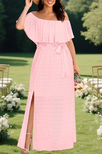 Image of Pinup Fashion Women Plus Size Summer Casual Off Shoulder Eyelet Maxi Dress | Breathable eyelet fabric,elegant ruffle,high waisted,stylish belt,side split,handy pockets,ideal for summer, wedding guest.