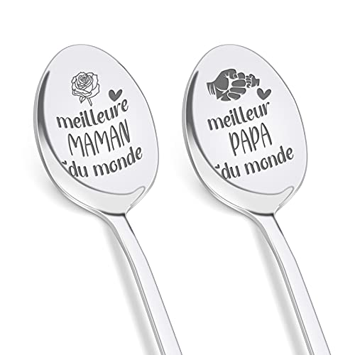 Funnli Cadeau Maman Papa, 2 Pièces en Acier Inoxydable Cuillère à Glace Café, Cadeau Anniversaire Maman Papa Parents Parents Noel Original Cover