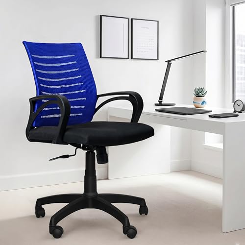 Image of Amazon Brand - Solimo Sitly Mid Back Revolving Office Chair for Work from Home, Study, and Computer Use | Heavy Duty Base | Ergonomic Mesh Design | Durable & Comfortable Seating (Blue Mesh)